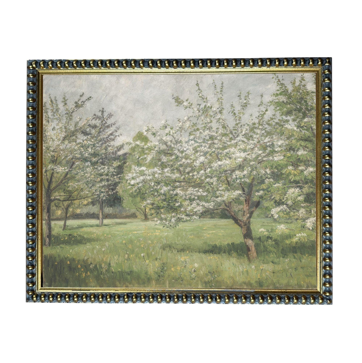 A painting of a serene landscape with a field of flowers, trees, and a grassy area.