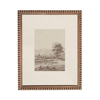 The image is a framed artwork depicting a serene landscape with a tree, a body of water, and a distant mountain range.