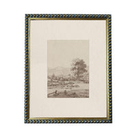 The image is a framed artwork depicting a serene landscape with a river, trees, and people enjoying the scenery.