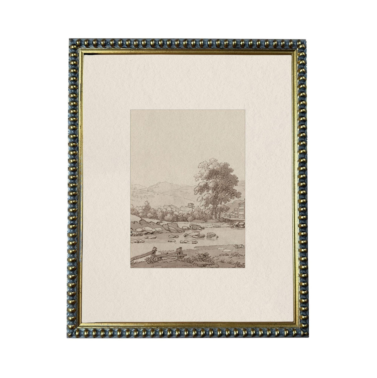The image is a framed artwork depicting a serene landscape with a river, trees, and people enjoying the scenery.