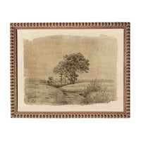 The image is a framed artwork depicting a serene landscape with a tree in the foreground and a field in the background.