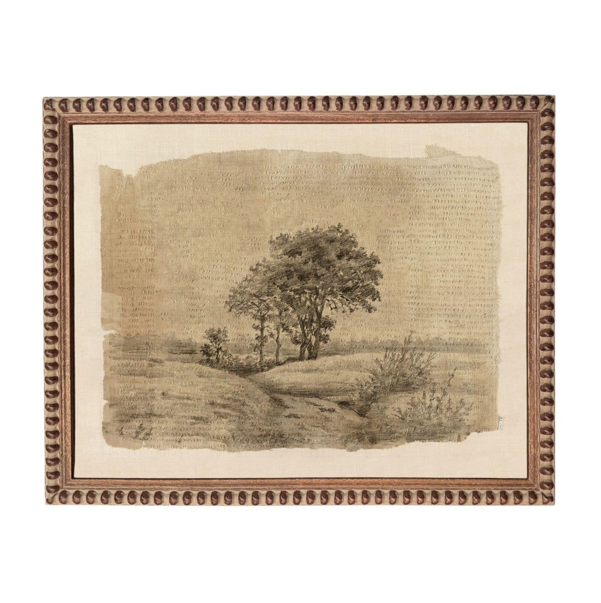 The image is a framed artwork depicting a serene landscape with a tree in the foreground and a field in the background.