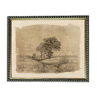 The image is a framed artwork depicting a serene landscape with a tree in the foreground and a field in the background.