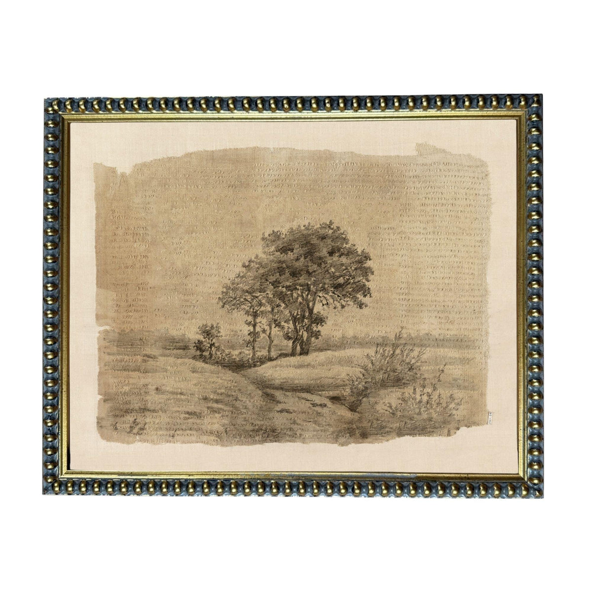 The image is a framed artwork depicting a serene landscape with a tree in the foreground and a field in the background.