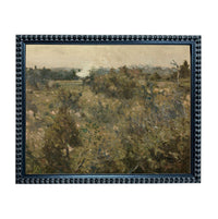The image is a framed painting depicting a rural landscape with trees, bushes, and a field.