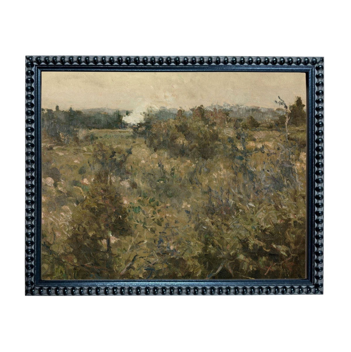 The image is a framed painting depicting a rural landscape with trees, bushes, and a field.