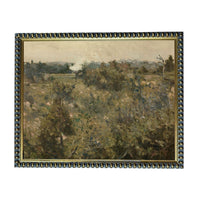 The image is a painting of a rural landscape with trees, bushes, and a field.