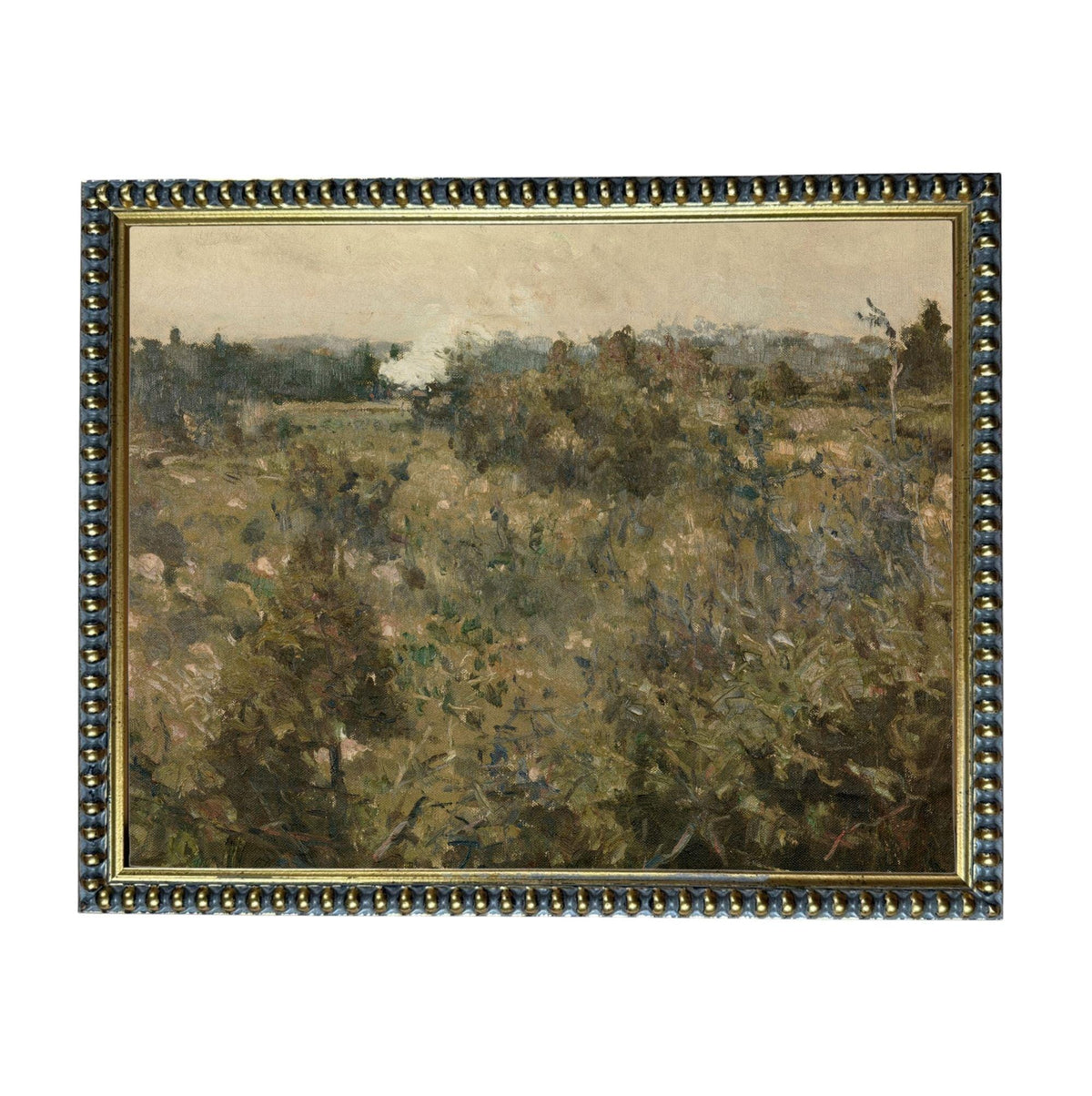 The image is a painting of a rural landscape with trees, bushes, and a field.