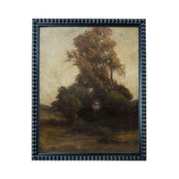 The image is a painting of a large tree with a brown trunk and green leaves, set against a hazy, pale background.