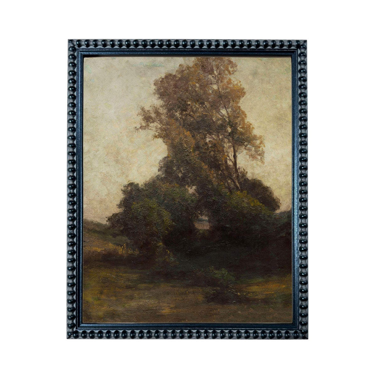 The image is a painting of a large tree with a brown trunk and green leaves, set against a hazy, pale background.