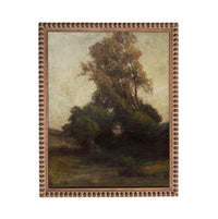 The image is a painting of a large tree in a field, with a cloudy sky in the background.