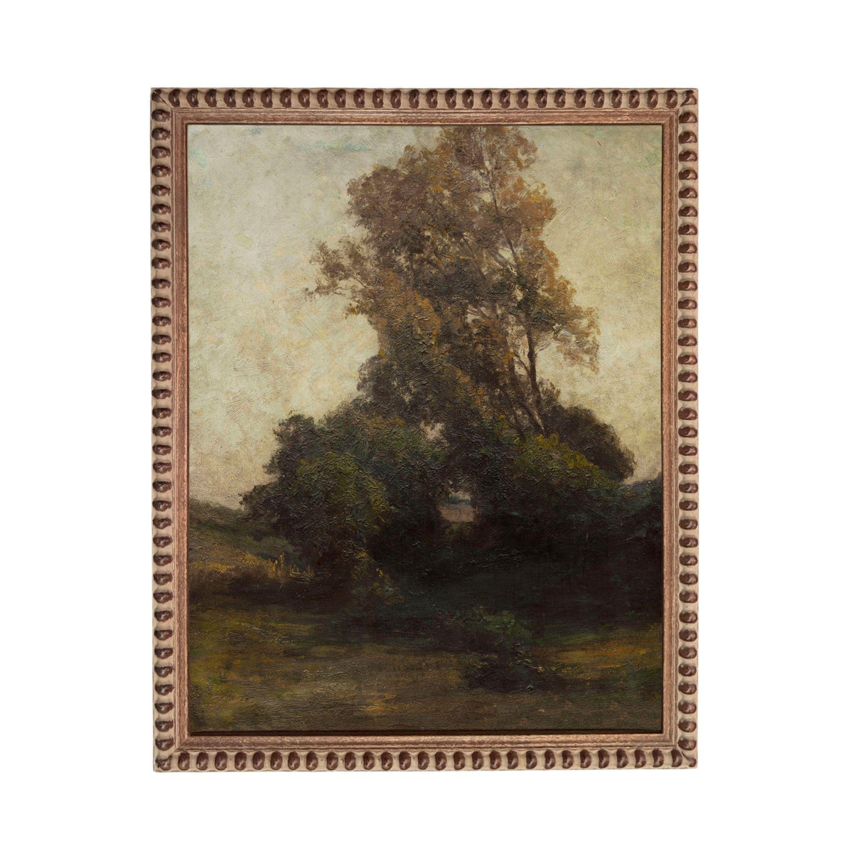 The image is a painting of a large tree in a field, with a cloudy sky in the background.
