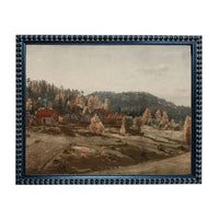 The image is a framed painting depicting a rural landscape with a cluster of buildings and trees in the background.
