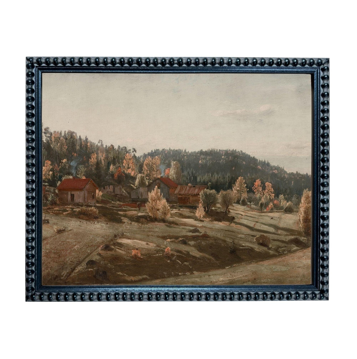 The image is a framed painting depicting a rural landscape with a cluster of buildings and trees in the background.