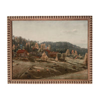 The image is a painting of a rural landscape with a village in the background, featuring a mix of trees, buildings, and a cloudy sky.