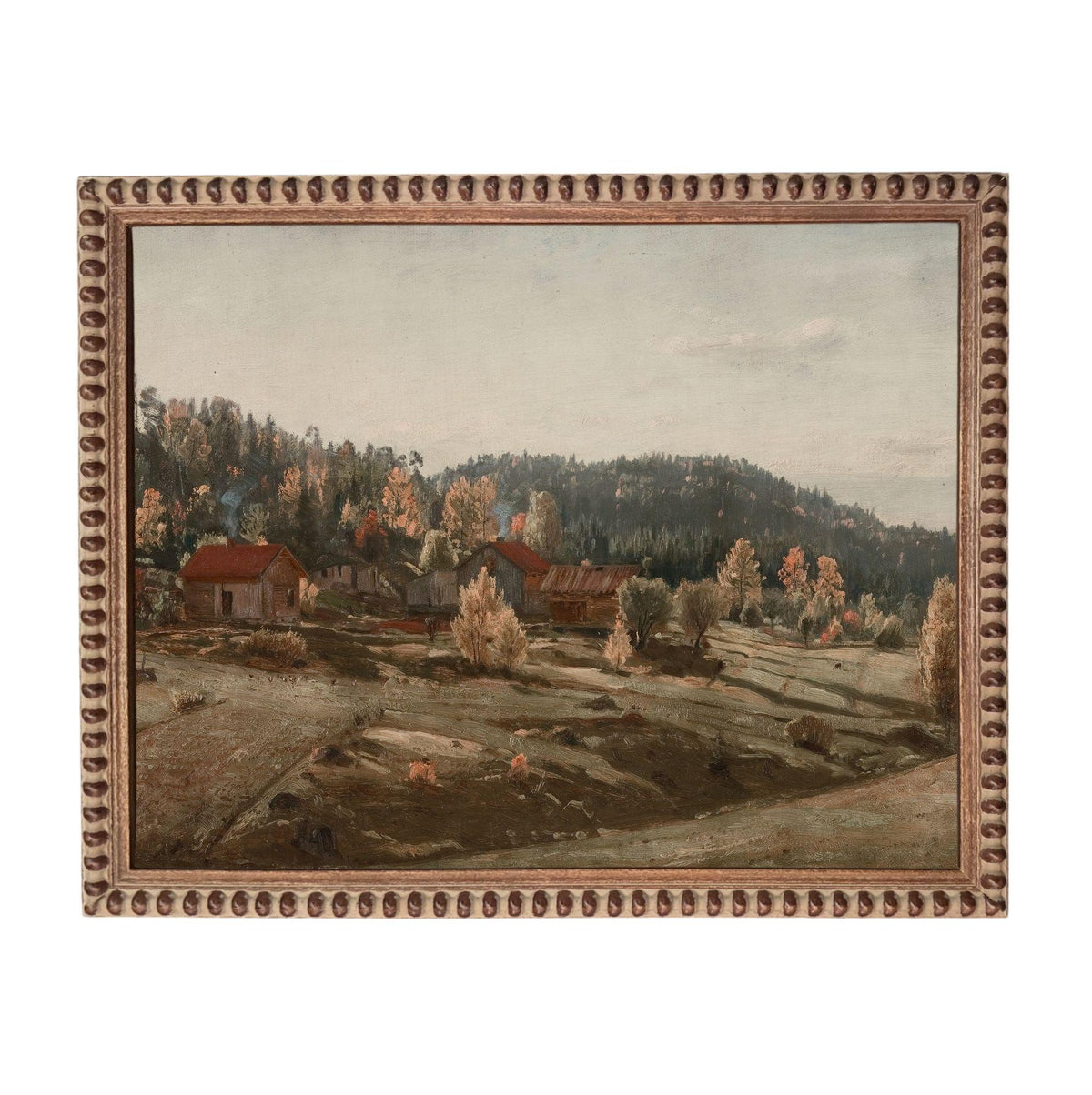 The image is a painting of a rural landscape with a village in the background, featuring a mix of trees, buildings, and a cloudy sky.