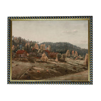 The image is a painting of a rural landscape with a cluster of buildings and trees in the background.
