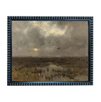 The image is a painting depicting a landscape with a cloudy sky, birds flying, and a body of water in the foreground.