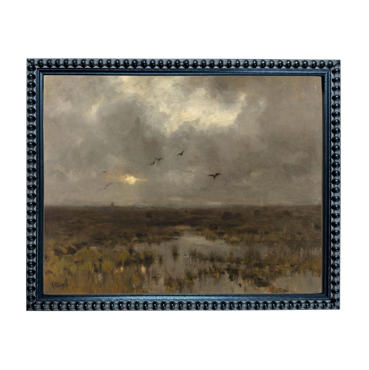 The image is a painting depicting a landscape with a cloudy sky, birds flying, and a body of water in the foreground.
