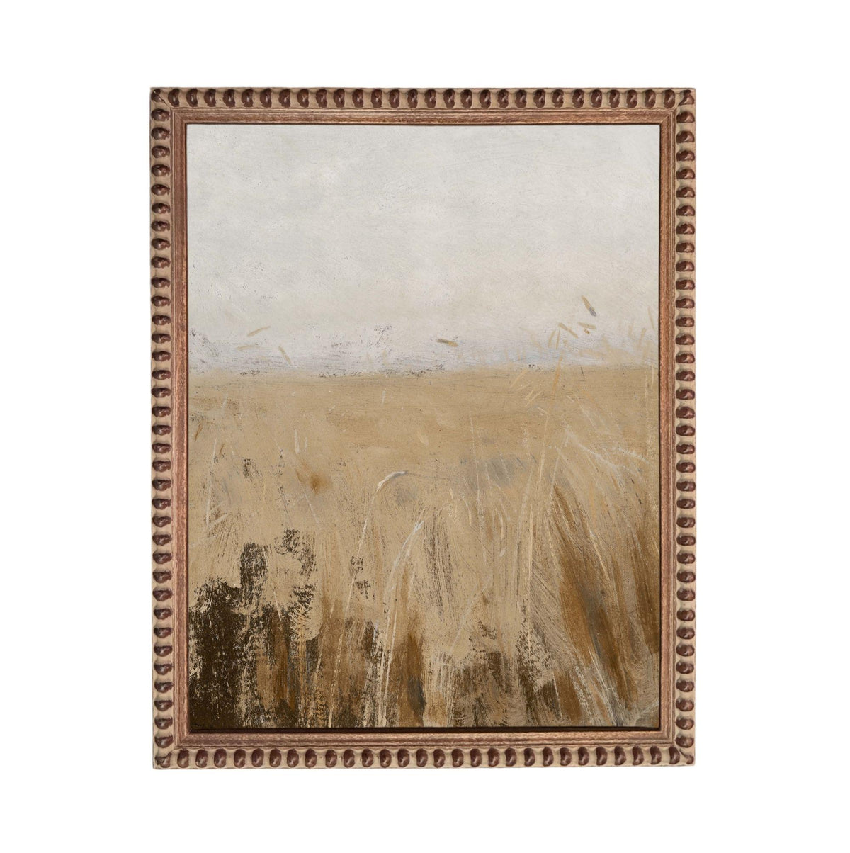 The image is a painting of a field with tall grass, framed in a decorative brown frame.