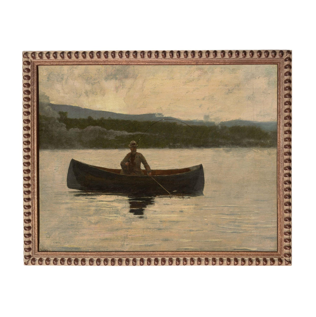 A man is rowing a boat on a lake, surrounded by a serene landscape of mountains and trees.