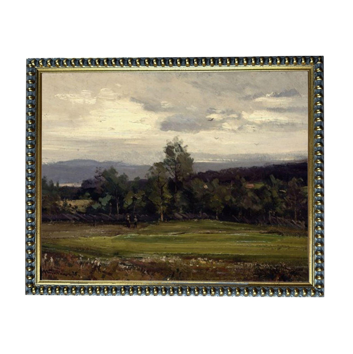 The image is a painting of a rural landscape with a field, trees, and a cloudy sky.