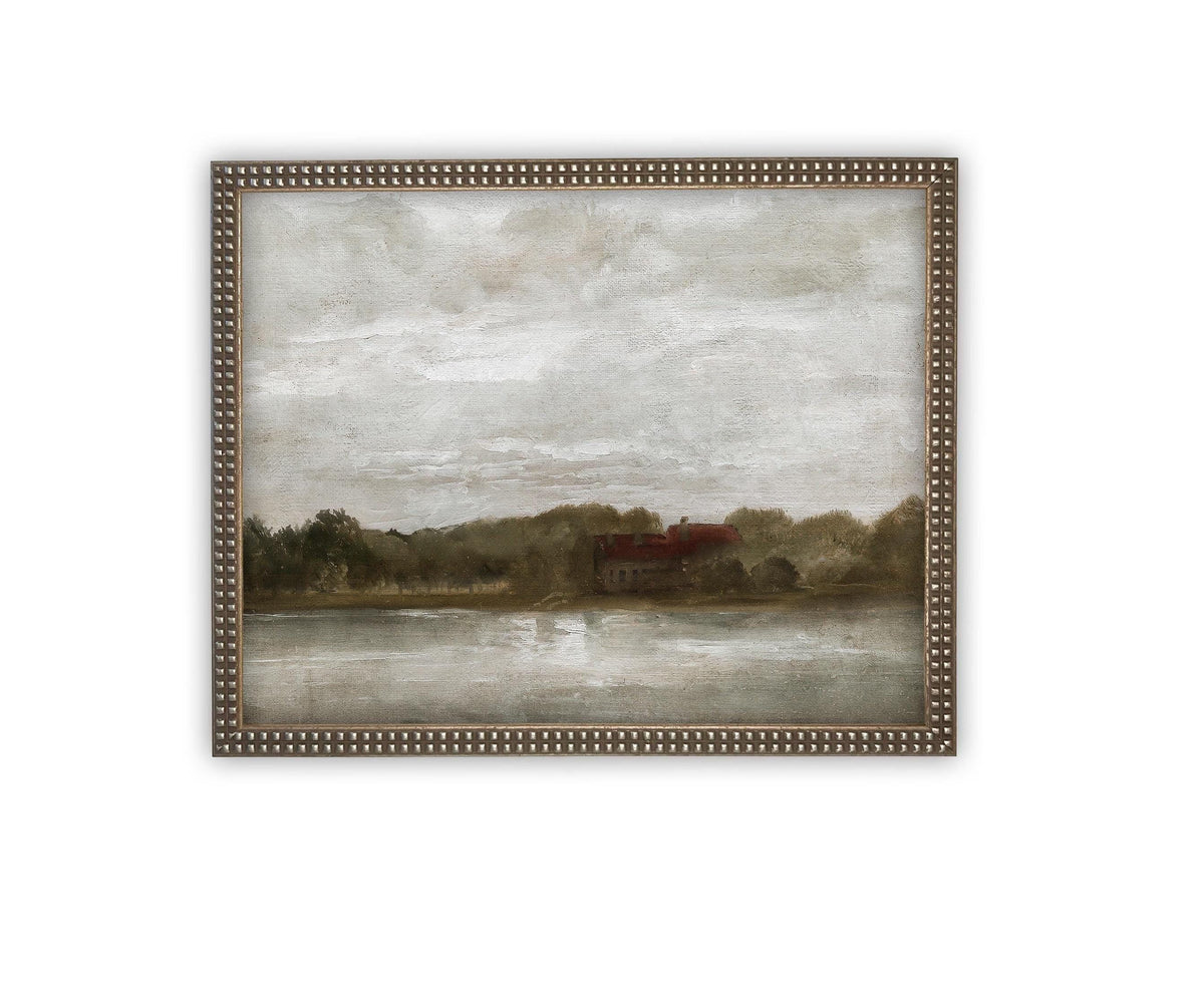 READY to SHIP 24X36 Framed Lake House Canvas Print: Vintage Farmhouse Landscape Art