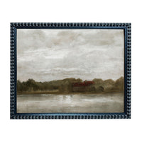 The image is a framed painting depicting a serene landscape with a house and trees in the distance, set against a cloudy sky.