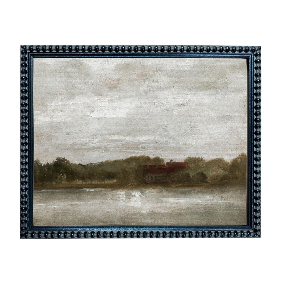 The image is a framed painting depicting a serene landscape with a house and trees in the distance, set against a cloudy sky.