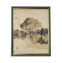 The image is a framed painting depicting a tree in a landscape scene.