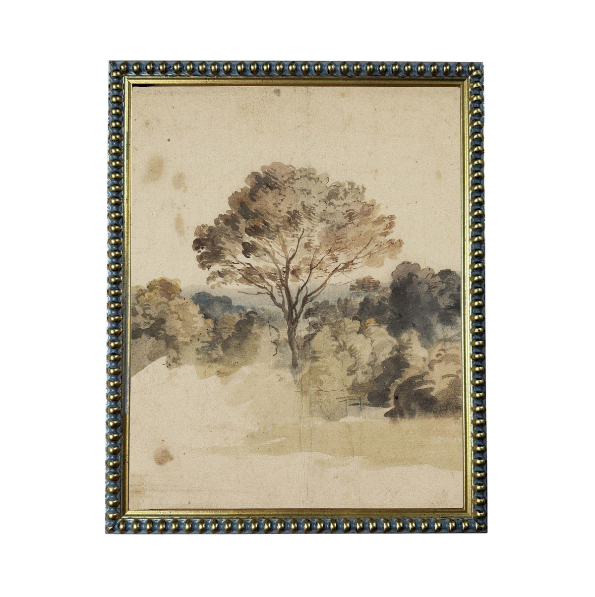 The image is a framed painting depicting a tree in a landscape scene.