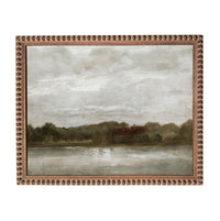 The image is a painting of a house situated on the shore of a body of water, surrounded by trees.