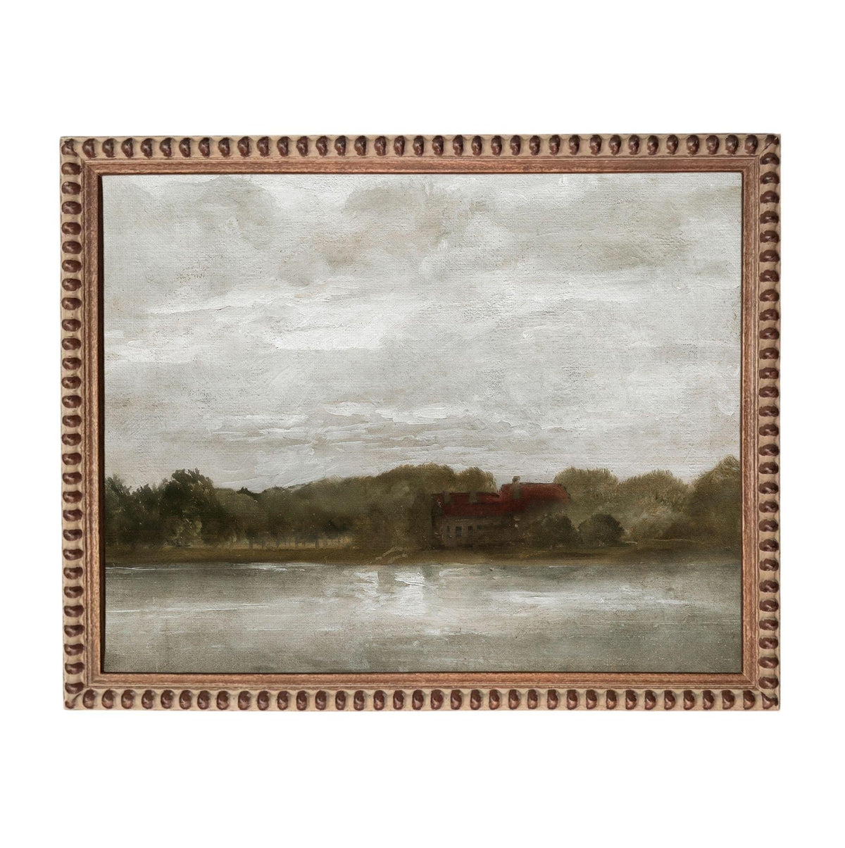 The image is a painting of a house situated on the shore of a body of water, surrounded by trees.