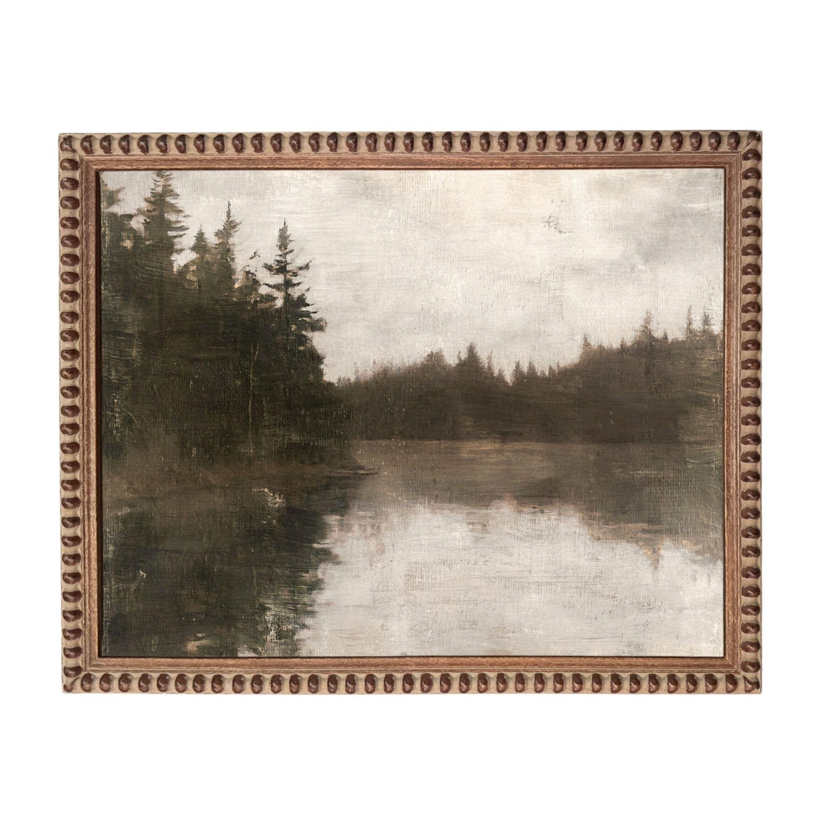 The image is a painting of a forested landscape with a lake in the background.