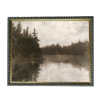 The image is a painting of a forest landscape with a lake in the background.