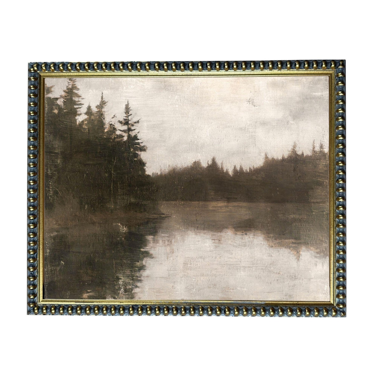 The image is a painting of a forest landscape with a lake in the background.