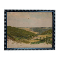 The image is a framed painting depicting a scenic landscape with rolling hills, trees, and a cloudy sky.