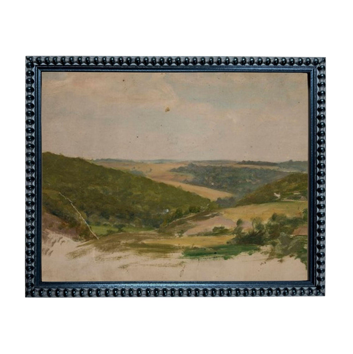 The image is a framed painting depicting a scenic landscape with rolling hills, trees, and a cloudy sky.