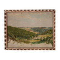 The image is a painting of a countryside landscape with rolling hills, trees, and a winding road.