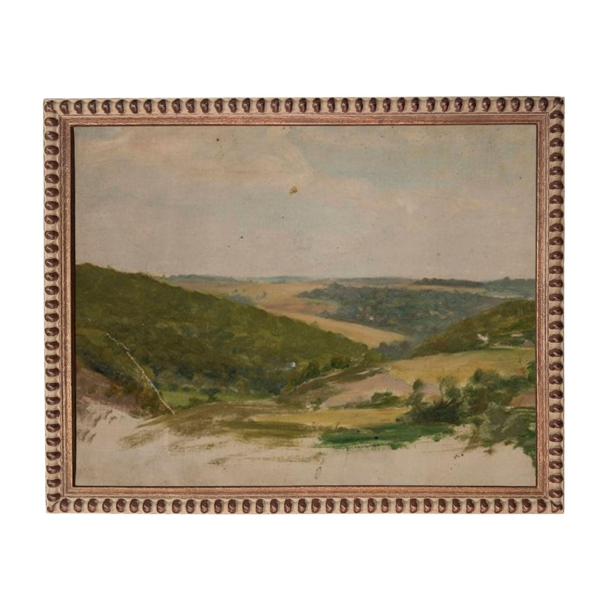 The image is a painting of a countryside landscape with rolling hills, trees, and a winding road.