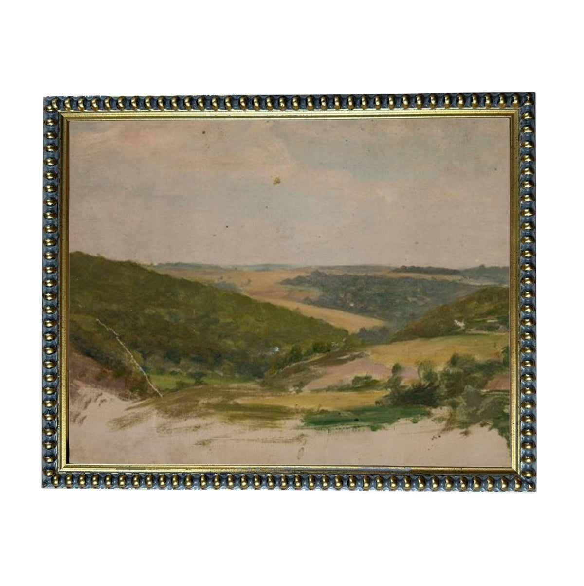The image is a painting of a countryside landscape with rolling hills, trees, and a winding road.