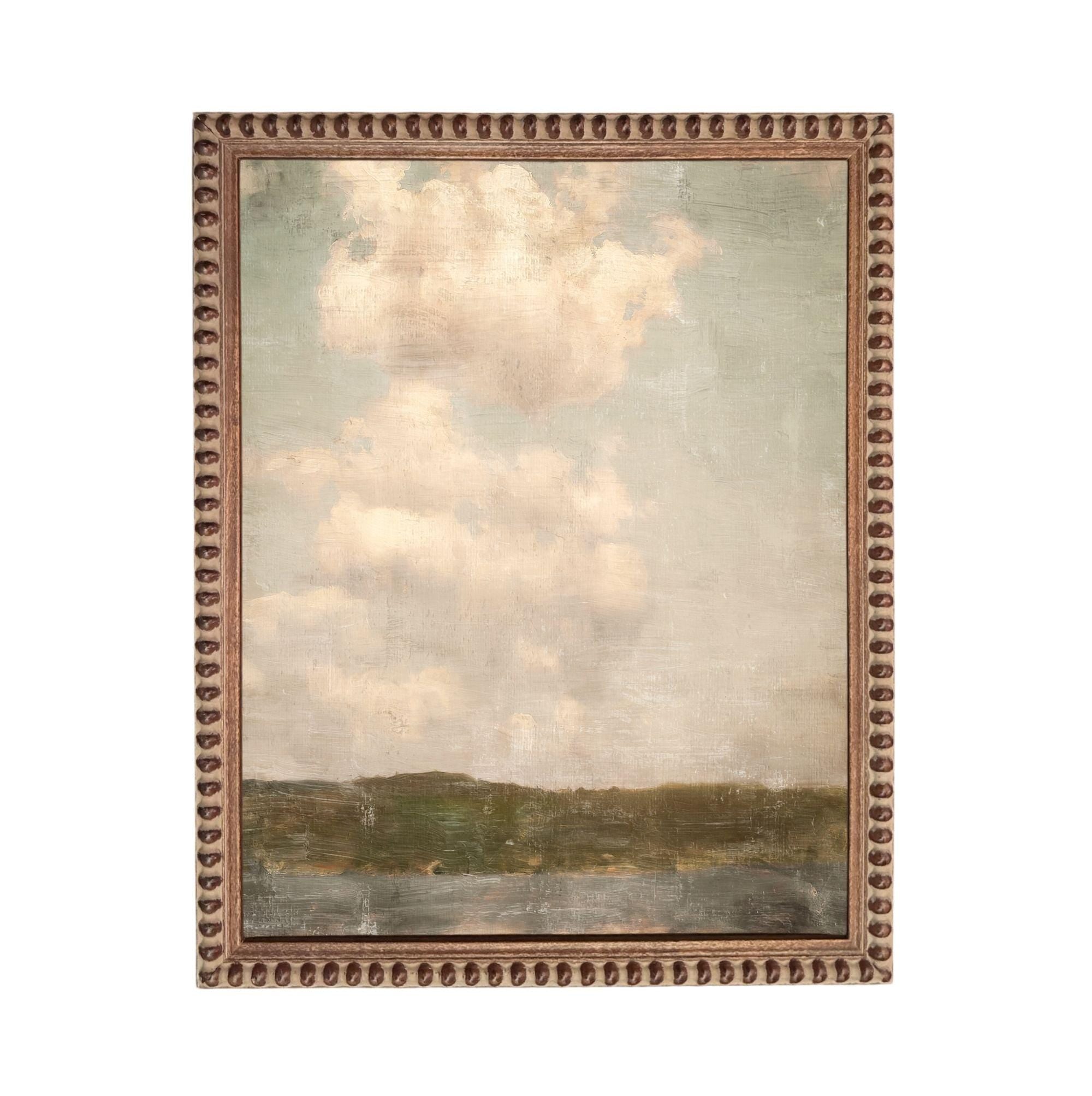 The image is a painting of a cloudy sky with a landscape in the background.