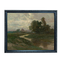 The image is a framed painting depicting a serene landscape with a winding path, lush greenery, and a cloudy sky.