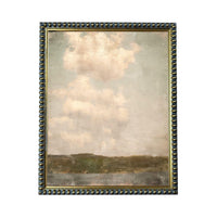 The image is a painting of a cloudy sky with a landscape in the background.