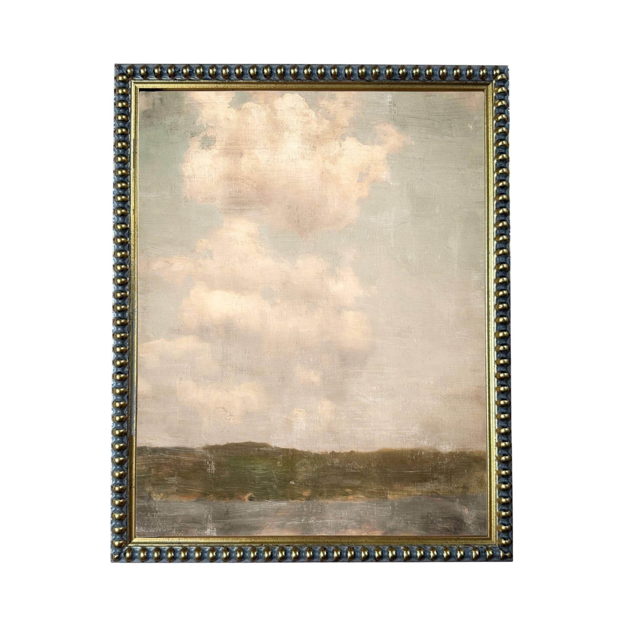 The image is a painting of a cloudy sky with a landscape in the background.