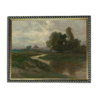 The image is an oil painting depicting a serene landscape with a winding path, lush greenery, and a cloudy sky.