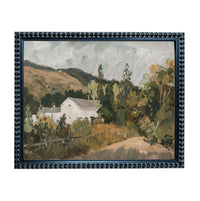 The image is a painting depicting a rural landscape with a white building, trees, and a dirt road.