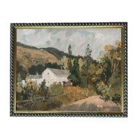 The image is a painting depicting a rural landscape with a white building, trees, and a dirt road.