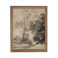 A black and white landscape painting depicting a serene forest scene with tall trees and a winding path.