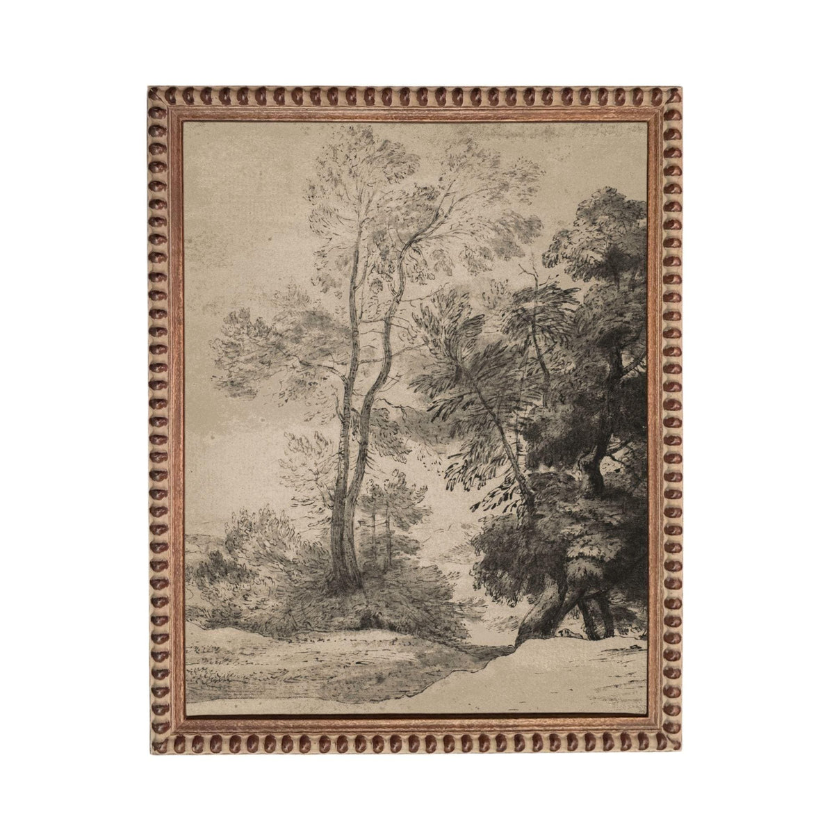 A black and white landscape painting depicting a serene forest scene with tall trees and a winding path.